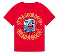 Bratatatmania It's a Good Day to Read a Book | Cute Smiling Book Cartoon | Funny Reading Lover T-Shirt World Book Day Tshirts for Kids & Adults Red L