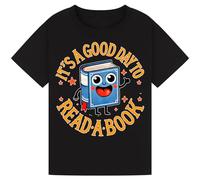Bratatatmania It's a Good Day to Read a Book | Cute Smiling Book Cartoon | Funny Reading Lover T-Shirt World Book Day Tshirts for Kids & Adults Black L