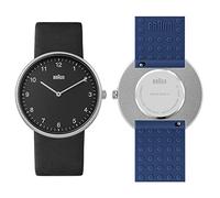 Braun 2-Hand Analogue Quartz Watch, Black Dial and Black Leather Strap with Additional Blue Silicone Rubber Strap, Quick-Release Spring Bars, 38mm, Model BN0281BKBLG.