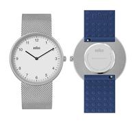 Braun 2-Hand Analogue Quartz Watch, White Dial and Stainless Steel Mesh Strap with Additional Blue Silicone Rubber Strap, Quick-Release Spring Bars, 38mm, Model BN0281WMHMBLG