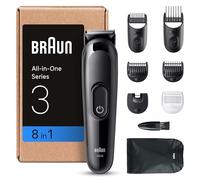 Braun 8-in-1 All-in-One Beard Trimmer & Hair Clipper for Men, Series 3 Grooming Kit with Ultra Sharp Blade, 14 Length Settings (3-21mm), 50-Min Cordless Use, Washable Heads, UK Plug - AIO3545, Black