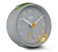 Braun Classic Analogue Alarm Clock with Snooze and Light, Quiet Quartz Movement, Crescendo Beep Alarm in Grey, model BC12G.