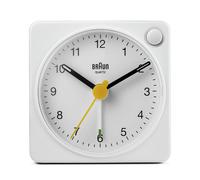 Braun Classic Travel Analogue Alarm Clock with Snooze and Light, Compact Size, Quiet Quartz Movement, Crescendo Beep Alarm in White, model BC02XW.