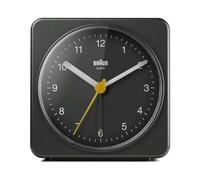 Braun Classic Analogue Alarm Clock with Snooze and Light, Quiet Quartz Sweeping Movement, Crescendo Beep Alarm in Black, model BC03B.