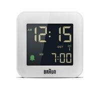 Braun Digital Radio Controlled Travel Alarm Clock For Central European Time Zone (DCF) with Snooze, Compact Size, Negative LCD Display, Quick Set, Crescendo Beep Alarm in White, model BC08W-DCF.