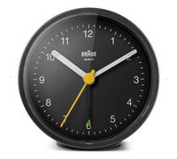 Braun Classic Analogue Alarm Clock with Snooze and Light, Quiet Quartz Movement, Crescendo Beep Alarm in Black, model BC12B.
