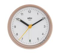 Braun Classic Analogue Alarm Clock with Snooze and Light, Quiet Quartz Movement, Crescendo Beep Alarm in White and Rose, model BC12PW.