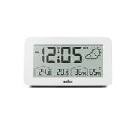 Braun Digital Radio Controlled Weather Station for Central European Time Zone (DCF) Clock with Temperature and Humidity Forecast, LCD display, Quick-set, Crescendo Beep Alarm, White, Model BC13WP-DCF.
