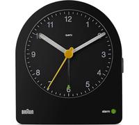 Braun Classic Analogue Alarm Clock with Snooze and Continuous Backlight, Quiet Quartz Movement, Crescendo Beep Alarm in Black, model BC22B.