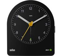 Braun classic analogue alarm clock with snooze and continuous backlight, quiet quartz movement, crescendo beep alarm in black, model BC22B