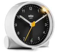 Braun Classic Analogue Alarm Clock with Snooze and Light, Quiet Quartz Movement, Crescendo Beep Alarm in White and Black, model BC01WB.
