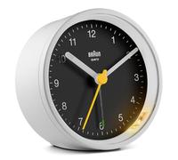Braun Classic Analogue Alarm Clock with Snooze and Light, Quiet Quartz Movement, Crescendo Beep Alarm in White and Black, model BC12WB.