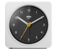 Braun Classic Analogue Alarm Clock with Snooze and Light, Quiet Quartz Sweeping Movement, Crescendo Beep Alarm in White and Black, model BC03WB.