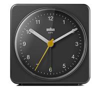 Braun Classic Analogue Alarm Clock with Snooze and Light, Quiet Quartz Sweeping Movement, Crescendo Beep Alarm in Black, model BC03B.