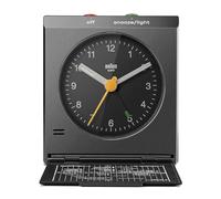 Braun Classic Analogue Travel Alarm Clock with Snooze and Light, Iconic Design, Compact Size, Folding Lid with World Time Zone Map, Quiet Quartz Movement, Crescendo Beep Alarm in Black, model BC05B