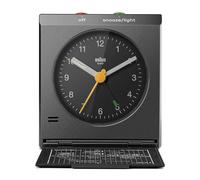 Braun Classic Analogue Travel Alarm Clock with Snooze and Light with Folding Map Lid, Black, BC05B