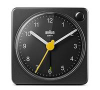 Braun Classic Travel Analogue Alarm Clock with Snooze and Light, Compact Size, Quiet Quartz Movement, Crescendo Beep Alarm in Black, model BC02XB.