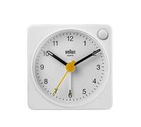 Braun Classic Travel Analogue Alarm Clock with Snooze and Light, Compact Size, Quiet Quartz Movement, Crescendo Beep Alarm in White, model BC02XW.