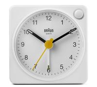 Braun Classic Travel Analogue Alarm Clock with Snooze and Light, Compact Size, Quiet Quartz Movement, Crescendo Beep Alarm in White, model BC02XW.