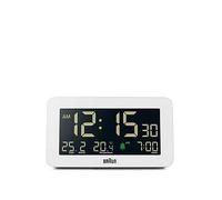 Braun Digital Alarm Clock with Date, Month and Temperature Displayed, Negative LCD Display, Quick Set, Crescendo Beep Alarm in White, model BC10W.