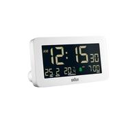 Braun Digital Alarm Clock with Date, Month and Temperature Displayed, Negative LCD Display, Quick Set, Crescendo Beep Alarm in White, model BC10W.