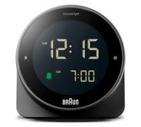 Braun Digital Alarm Clock with Snooze, Negative LCD Display, Rotating bezel for quick time setting, Crescendo Beep Alarm in Black, model BC24B.