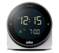 Braun Digital Alarm Clock with Snooze, Negative LCD Display, Rotating bezel for quick time setting, Crescendo Beep Alarm in White, model BC24W.
