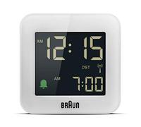 Braun Digital Radio Controlled Travel Alarm Clock For Central European Time Zone (DCF) with Snooze, Compact Size, Negative LCD Display, Quick Set, Crescendo Beep Alarm in White, model BC08W-DCF.