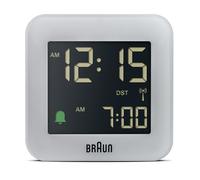 Braun Digital Radio Controlled Travel Alarm Clock For Central European Time Zone (DCF) with Snooze, Compact Size, Negative LCD Display, Quick Set, Crescendo Beep Alarm in Grey, model BC08G-DCF.