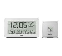 Braun Digital Radio Controlled Weather Station for Central European Time Zone (DCF) Clock with Indoor/Outdoor Temperature and Humidity, Quick-set, Crescendo beep alarm in white model BC13WP-DCF.