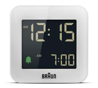 Braun Digital Travel Alarm Clock with Snooze, Compact Size, Negative LCD Display, Quick Set,Crescendo Beep Alarm in White, model BC08W.