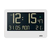 Braun Digital Wall Clock with Indoor Temperature, Date, Day of the Week, Large Reverse LCD Display, Quick Set, Beep Alarm in White, model BC14W.