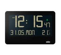 Braun Digital Wall Clock with Indoor Temperature, Date, Day of the Week, Large Reverse LCD Display, Quick Set, Beep Alarm in Black, model BC14B.