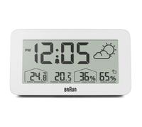 Braun Digital Weather Station Clock with Indoor and Outdoor Temperature and Humidity, Forecast, LCD display, Quick-set, Crescendo beep alarm in white, model BC13WP.