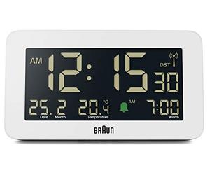Braun Funk-Digitalwecker für die Mitteleuropäische Zeitzone (DCF) mit Datums-, Monats- und Temperaturanzeige, negativem LCD-Display und weißem Weckton, Modell BC10W-DCF