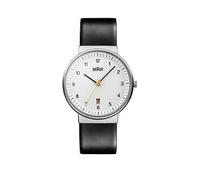 Braun Gents QA Stainless Steel Case White Dial Black Leather Strap Watch, Black, Men Black