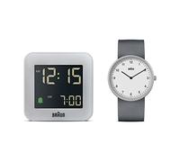 Braun Gift Set Bundle 2-Hand Analogue Quartz Watch with Grey Silicone Rubber Strap BN0231WHGYG Digital Travel Alarm Clock in Grey BC08G (2 Pack)