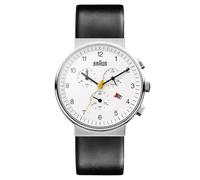 Braun Mens Chronograph with Date Analogue Quartz Watch, White Dial and Black Leather Strap, 40mm Stainless Steel Case, Model BN0035BWHBKG