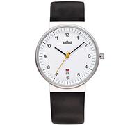 Braun Men's Quartz Three Hand Movement Watch with White Dial Analogue Display and Black Leather Strap BN0032WHBKG