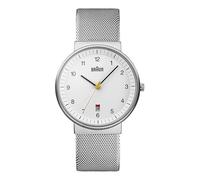 Braun Men's Quartz Three Hand Movement Watch with White Dial Analogue Display and Silver Mesh Bracelet BN0032WHSLMHG