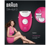 Braun Silk-épil 3 3-410 Corded Epilator Hair Removal + 3 Extras - Raspberry Pink