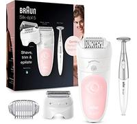 Braun Silk-épil 5 Epilator for Hair Removal, 3 in 1, Includes Shaver & Trimmer Head, Cordless, Gentle Hair Removal Setting, Wet & Dry, 100% Waterproof, 2 Pin Bathroom Plug, 5-820, White/Pink