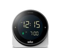 Braun Digital Alarm Clock with Snooze, Negative LCD Display, Rotating bezel for quick time setting, Crescendo Beep Alarm in White, model BC24W.
