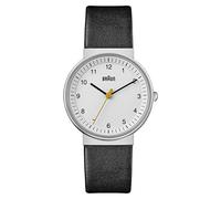 Braun Womens 3-Hand Analogue Quartz Watch, White Dial and Black Leather Strap, 33mm Stainless Steel Case, Model BN0031WHBKL.