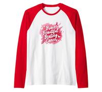 Brave Beautiful Beating Cancer Inspirational Pink Ribbon Raglan Baseball Tee, Men, Red/White, M