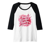 Brave Beautiful Beating Cancer Inspirational Pink Ribbon Raglan Baseball Tee, Women, Black/White, XL