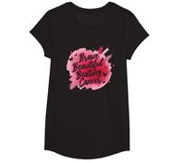 Brave Beautiful Beating Cancer Inspirational Pink Ribbon T-Shirt, Girls, Black, XS