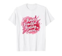 Brave Beautiful Beating Cancer Inspirational Pink Ribbon T-Shirt, Men, White, M
