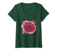 Brave Beautiful Beating Cancer Inspirational Pink Ribbon V-Neck T-Shirt, Women, Forest Green, M