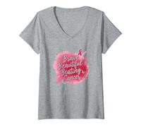 Brave Beautiful Beating Cancer Inspirational Pink Ribbon V-Neck T-Shirt, Women, Heather Grey, L